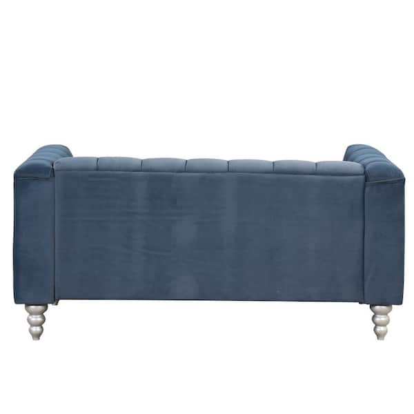 63 in. Square Arm Polyester Rectangle Sofa with Solid Wood Legs in Blue
