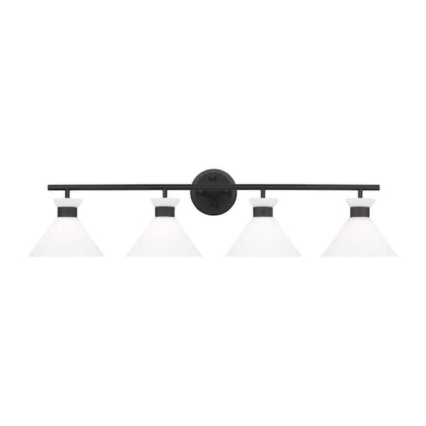 SCOTT LIVING Belcarra 36.75 in. W x 9.125 in. H 4-Light Midnight Black Bathroom Vanity Light with Etched White Glass Shades