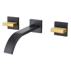 Waterfall Double Handle Wall Mounted Bathroom Faucet with Rough in Valve in Black and Gold