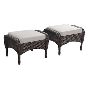 Flat Armrest Series Brown Wicker Outdoor Patio Ottoman with CushionGuard Beige Cushions (2-Pack)