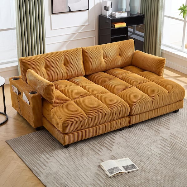 91 in. Corduroy Tufted Sectional Sofa in Yellow Chaise Lounge with USB Ports Cup Holders and Pillows Adjustable Headrest
