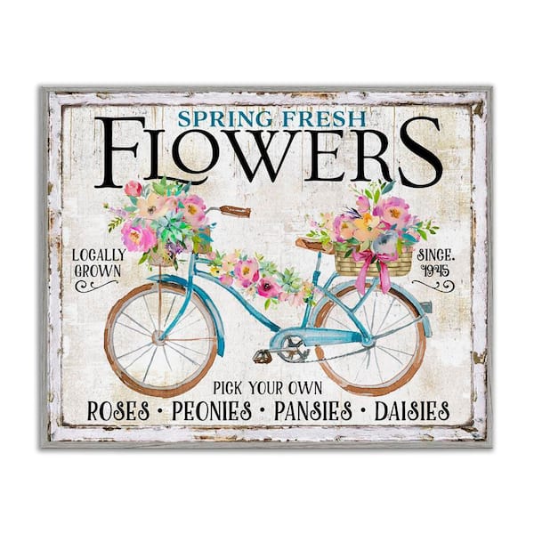 Spring Fresh flowers and Bike by Creatif Belle Gray Framed Nature Giclee Art Print 16 in. x 20 in.
