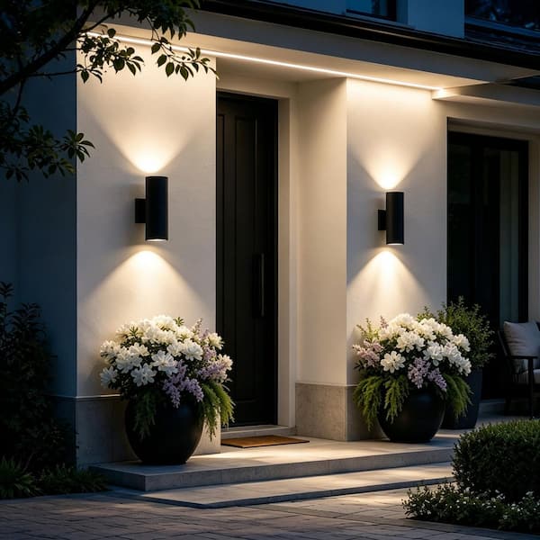 Modern 12 in. Black Hardwired Cylinder Outdoor Wall Lantern Sconce, Up and Down Lighting for Front Porch, Garage, Patio