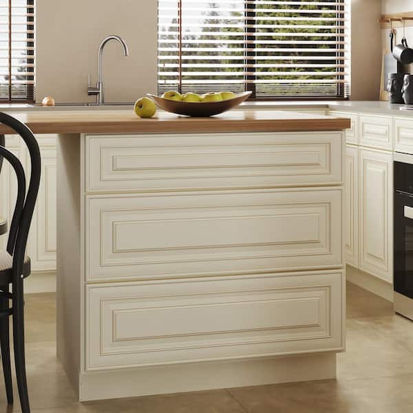 Hausvita 36 in. W x 24 in. D x 34.5 in. H in Cameo White Plywood Ready to Assemble Kitchen Base Cabinet with 3 Drawers