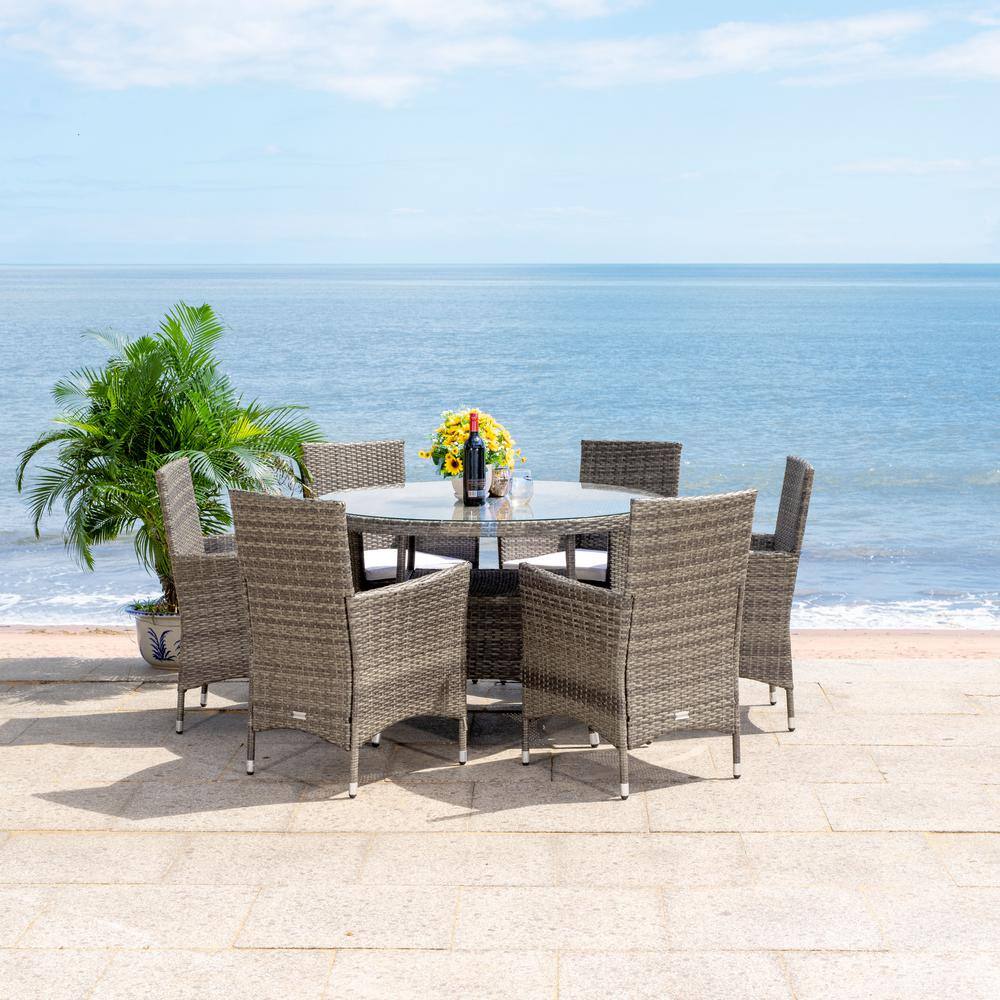 Challe 47" Round Grey Brown Wicker Outdoor Dining Set with White Cushions