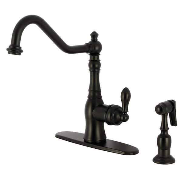 Kingston Brass American Classic Deck Mount Single Handle Standard Kitchen Faucet with Sprayer in Matte Black