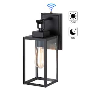 1-Light Matte Black Dusk to Dawn Outdoor Wall Lantern Sconce with Clear Tempered Glass