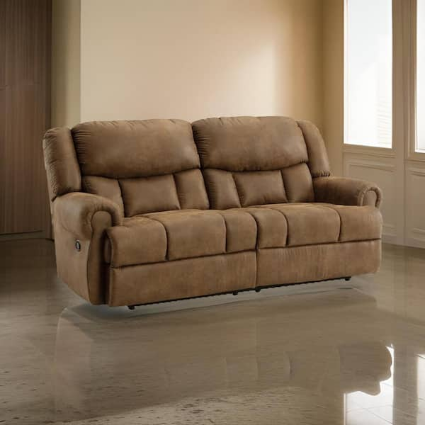 Benjara 42 in. Round Arm Faux Leather Rectangle Dual Seat Manual Recliner Sofa in Brown