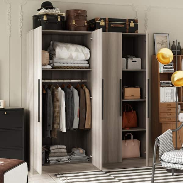 Gray Wood 63 in. W 4-Door Wardrobe Armoires with Hanging Rod and Storage Shelves (70.9 in. H x 19.7 in. D)