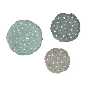 Verdigris and Blue and Gray Multi Color Metal Textured Feather Disc Wall Decal Set of 3