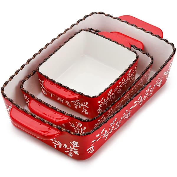 3-Piece Red Ceramic Painted Rectangular Bakeware Pan Set for Lasagna, Chicken, Roasting Christmas Holiday Use