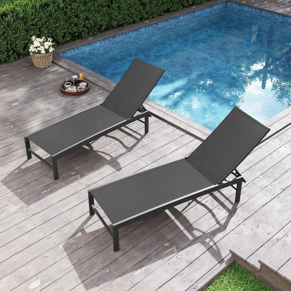 Black Adjustable Aluminum Outdoor Chaise Lounge Set with Wheels