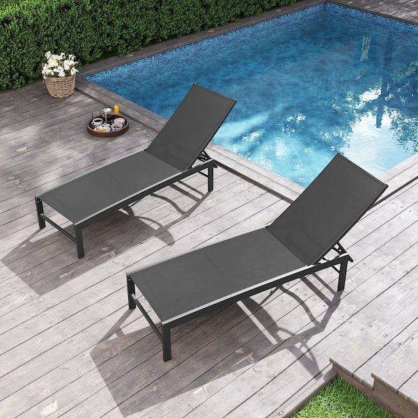 Pellebant Full Flat 2-Piece Metal Adjustable Aluminum Outdoor Chaise Lounge Patio Pool Chairs in Black