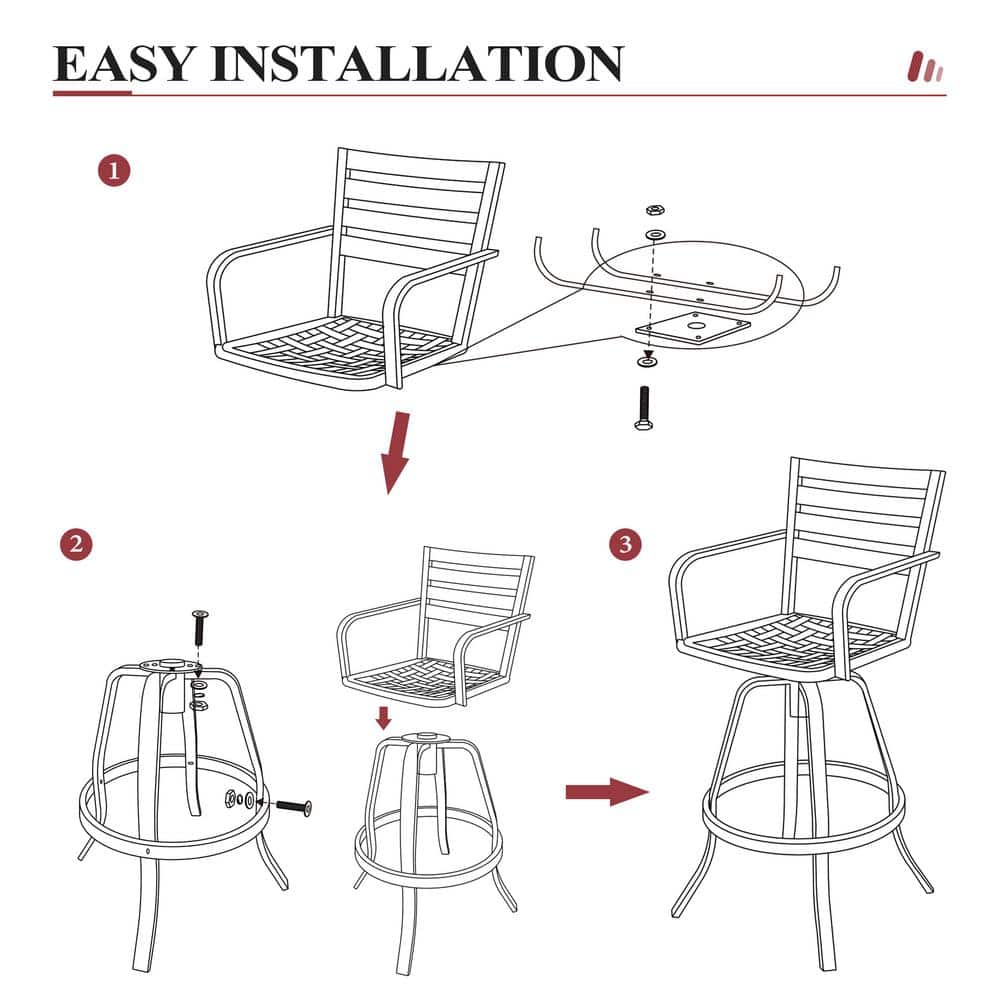 Red Cushioned Black Cast Aluminum Swivel Bar Height Armchair