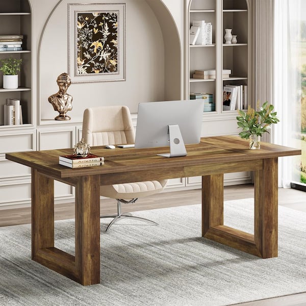 BYBLIGHT Moronia 63 in. Rectangle Executive Desk Brown Wood Computer Desk Home Office Desk, Business Desk for Home Office