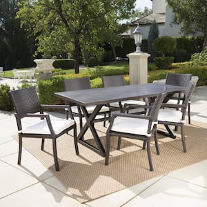 Alani Brown 7-Piece Aluminum Outdoor Dining Set with White Cushions