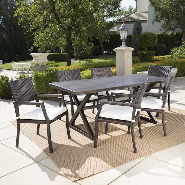 Noble House Alani Brown 7-Piece Aluminum Outdoor Dining Set with White Cushions