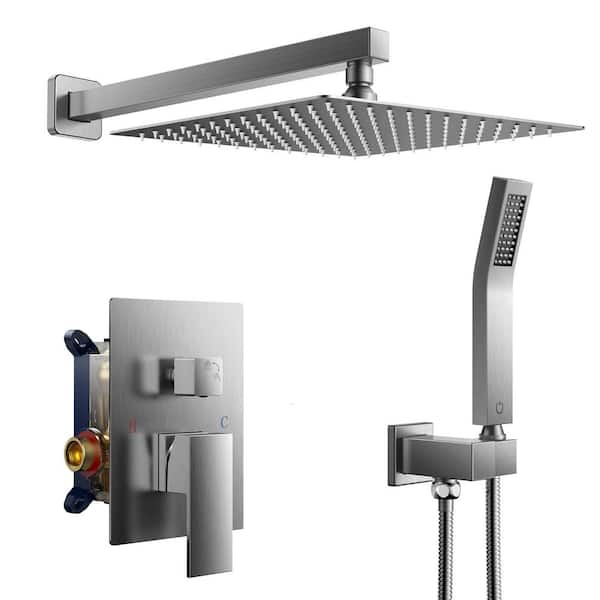 androme 12 in. 2-Jet High-Pressure Rainfall Shower System w/Square Head and Handheld Shower in Brushed Nickel (Valve Included)