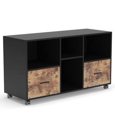 Frances 43.3 in. Black and Brown File Cabinet with 2-Drawers, Lateral Filing Cabinet with Wheels and 4-Storage Shelves