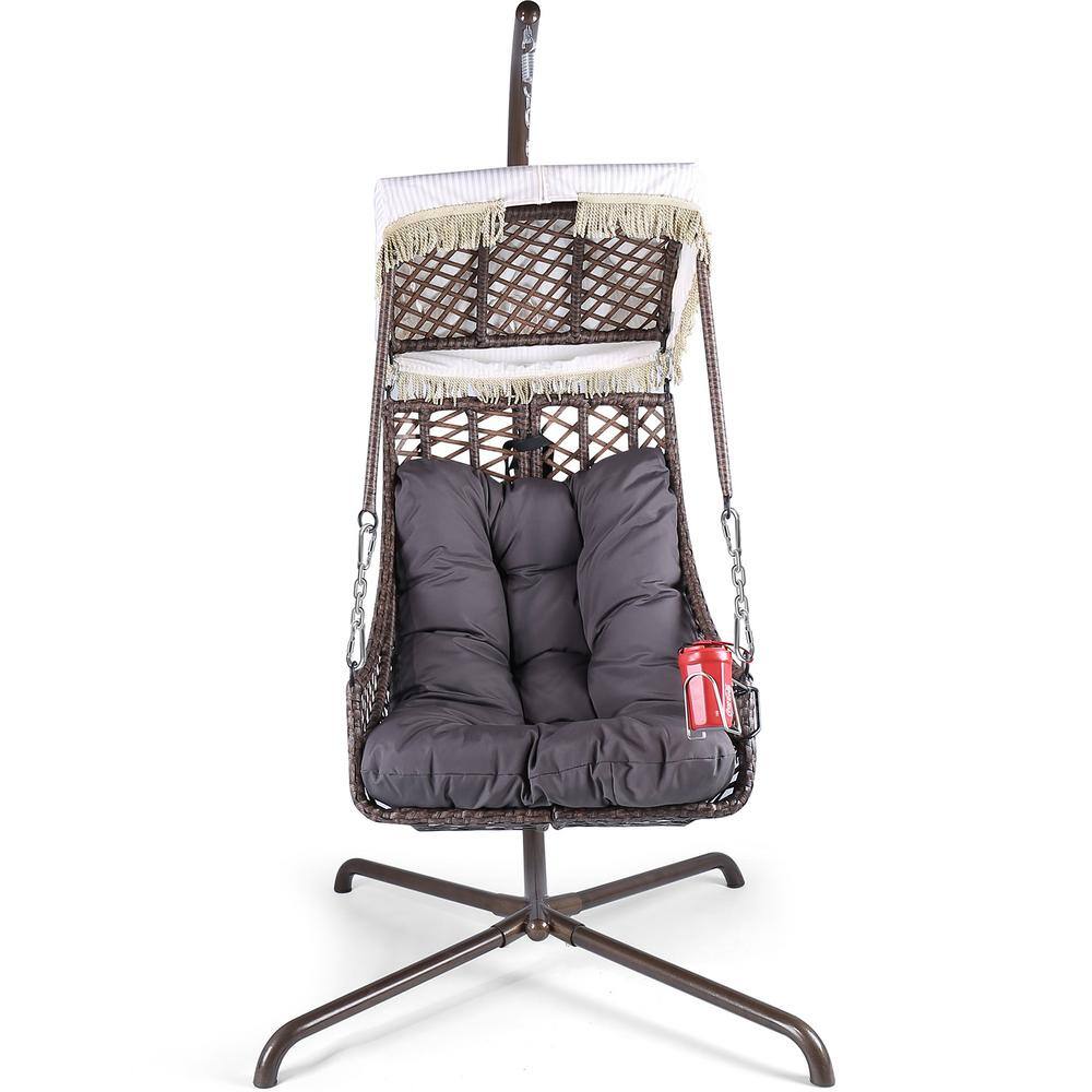 Wicker Rattan Frame Swing Egg Chair with Stand Indoor Outdoor, UV Resistant