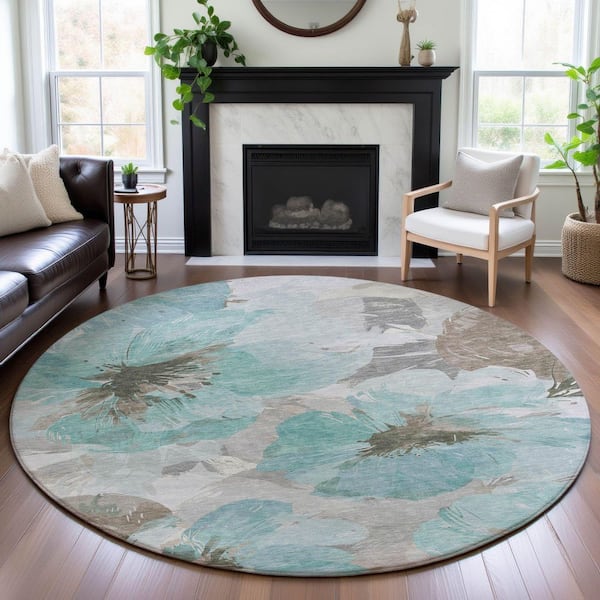 Mayfield Premium Machine Washable Abstract AMF1554 Teal 8 ft. x 8 ft. Round Rug