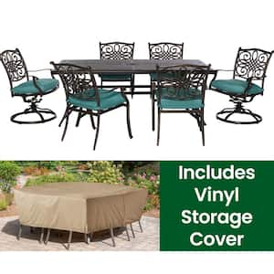 Traditions 7-Piece Aluminum Rectangular Outdoor Dining Set with 2 Swivel Chairs,Protective Cover, Blue Cushions Included