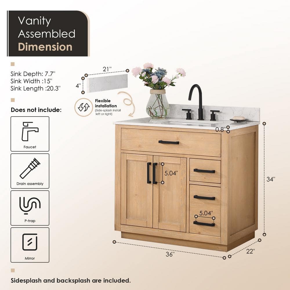 Gavino 36" Light Brown Wood Vanity with Composite Stone Top