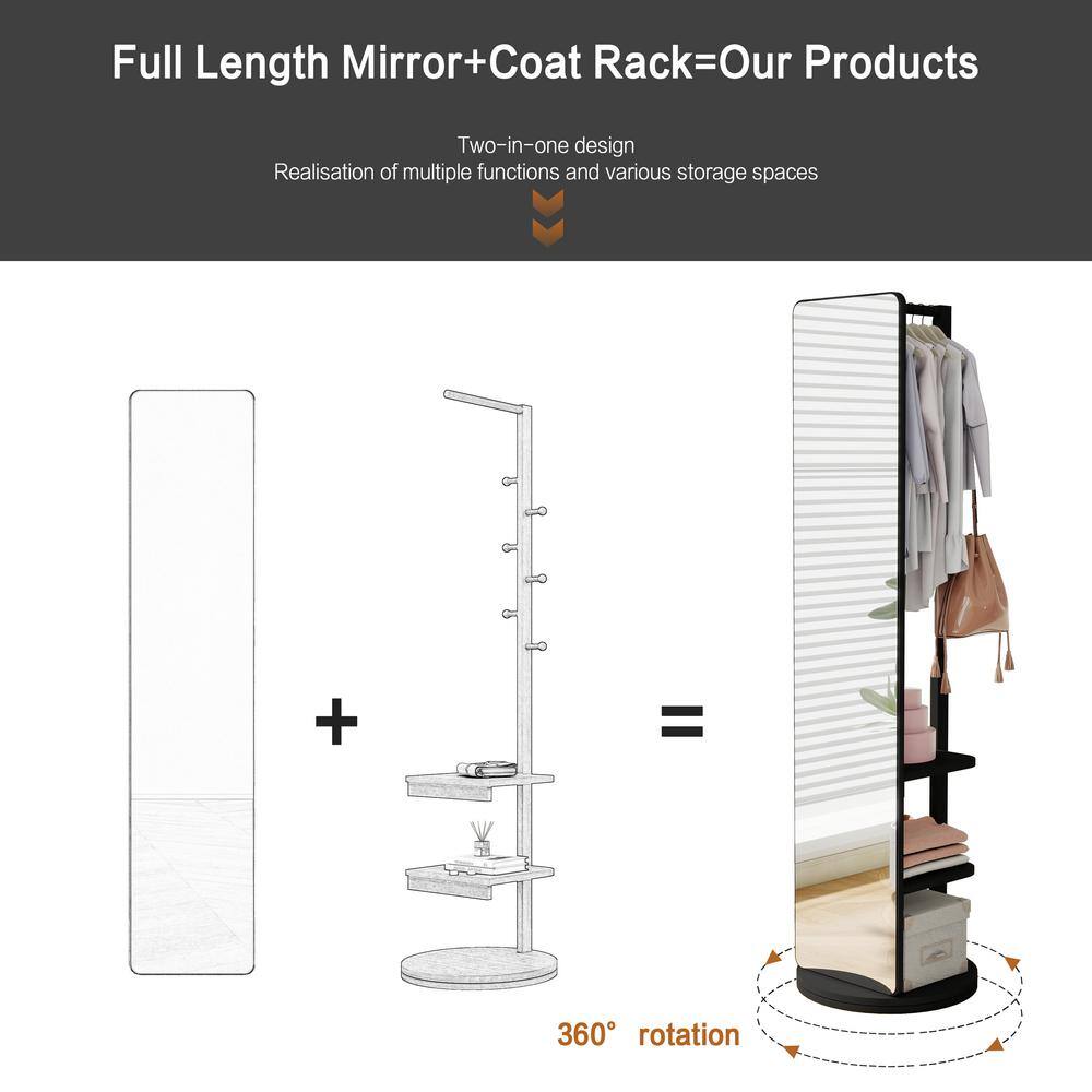 Black Solid Wood Full-Length Mirror with Coat Rack