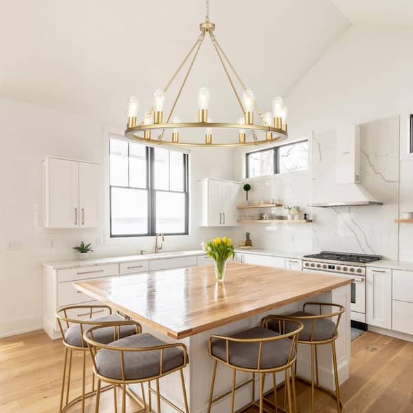12-Light Spray Gold Circle Candle Design Wagon Wheel Chandelier Linear Chandelier Lighting for Dining Room