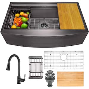All-in-One Matte Black Finished Stainless Steel 30 in. x 20 in. Farmhouse Apron Mount Kitchen Sink with Pull-down Faucet