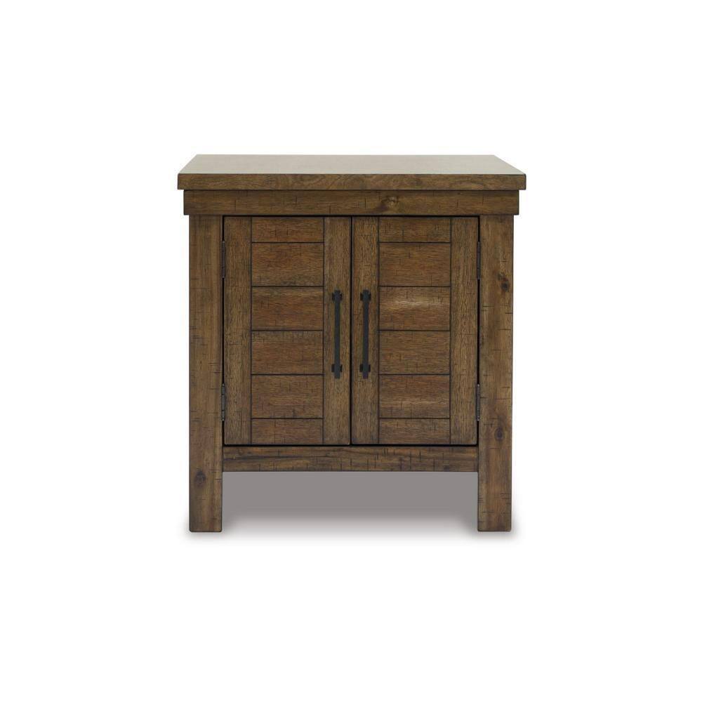 Rustic brown wooden end table on a white background.