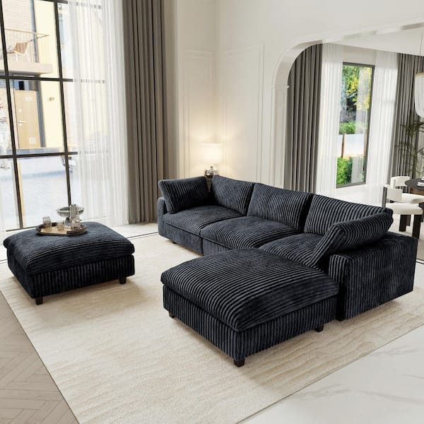 118 in. Square Arm Faux Rabbit Fur Velvet 5-Piece Free Combination Cloud Modular Sectional Sofa with Ottoman in Black