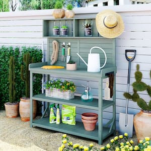 65 ft. Large Wooden Farmhouse Rustic Outdoor Potting Bench Table Garden Workstation 4 Storage Shelves for Patio in Green