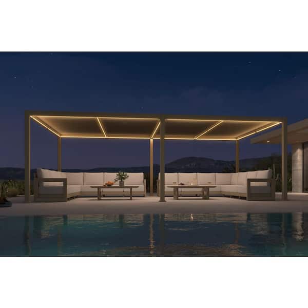11 ft. x 28 ft. Champagne Aluminum Outdoor Louvered Pergola with Individual Adjustable Sunshade Roofs and LED Lights