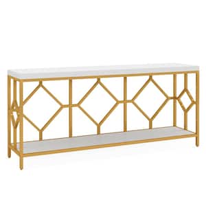 Turrella 70.9 in. White Gold Rectangle Wood Sofa Console Table with Storage Shelf