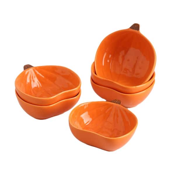 Oven Safe Ceramic Ramekins Set, 6 Pumpkin-Shaped 6-Ounce Bowls for Baking Desserts, Orange, Stackable