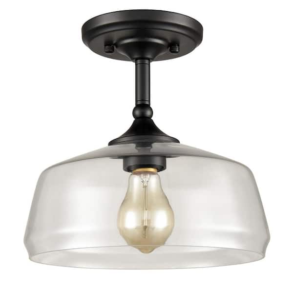 CLAXY 10 in. 1-Light Black Modern Semi-Flush Mount with Clear Glass Shade and No Bulbs Included (1-Pack)