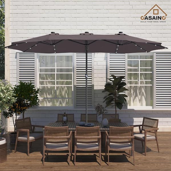 CASAINC 15 ft. Steel Patio Double-Side Market Umbrella with Base and Solar Light with Base in Coffee