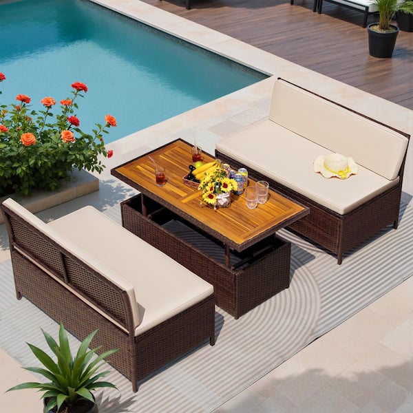 3-Piece Wicker Outdoor Dining Set with Liftable Table and Beige Cushions