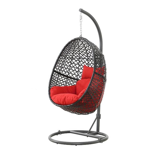 Sudzendf Modern Black Metal Patio PE Rattan Swing Chair With Red Cushion