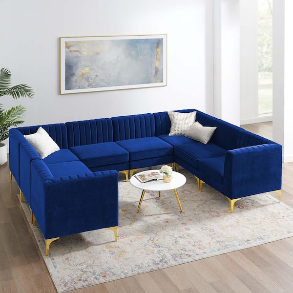 MODWAY Triumph 120 in. Square 8-piece Velvet Rectangle Sectional Sofa in Blue with Durable Stain-Resistant Fabric