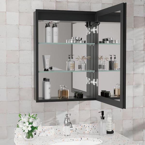 Flora 24 in. W x 30 in. H Rectangular Aluminum Recessed Medicine Cabinet with Mirror and Light, Dimmable, Right Hinge