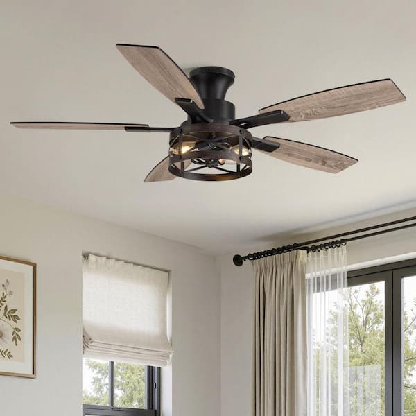 52 in. Black Flush Mount Farmhouse Ceiling Fans with Lights for Indoor with Remote Control