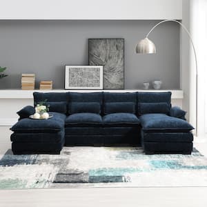 109.8 in. W Flared Arm Modern U Shaped Soft Chenille Sectional Sofa in Dark Navy Blue with Waist Pillows