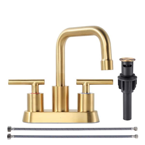 4 in. Centerset Double Handle Bathroom Faucet with Pop-Up Drain and Supply Lines in Stainless Steel Brushed Gold