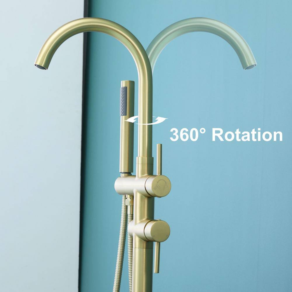 Brushed Gold Freestanding Tub Filler Faucet with Hand Shower
