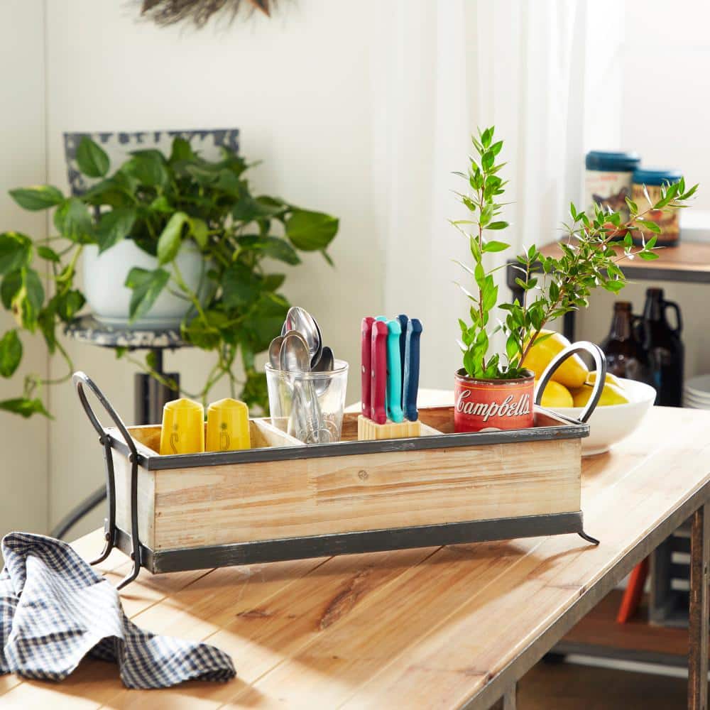 Rustic Pine-Finish Wood Tray with Iron Accents and Dividers, 24"x9"