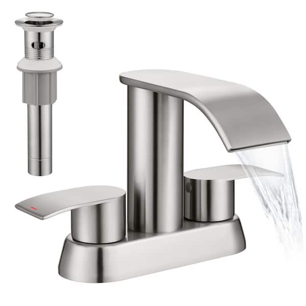 4 in. Centerset Double-Handle Waterfall Spout Bathroom Vessel Sink Faucet with Pop Up Drain Kit in Brushed Nickel