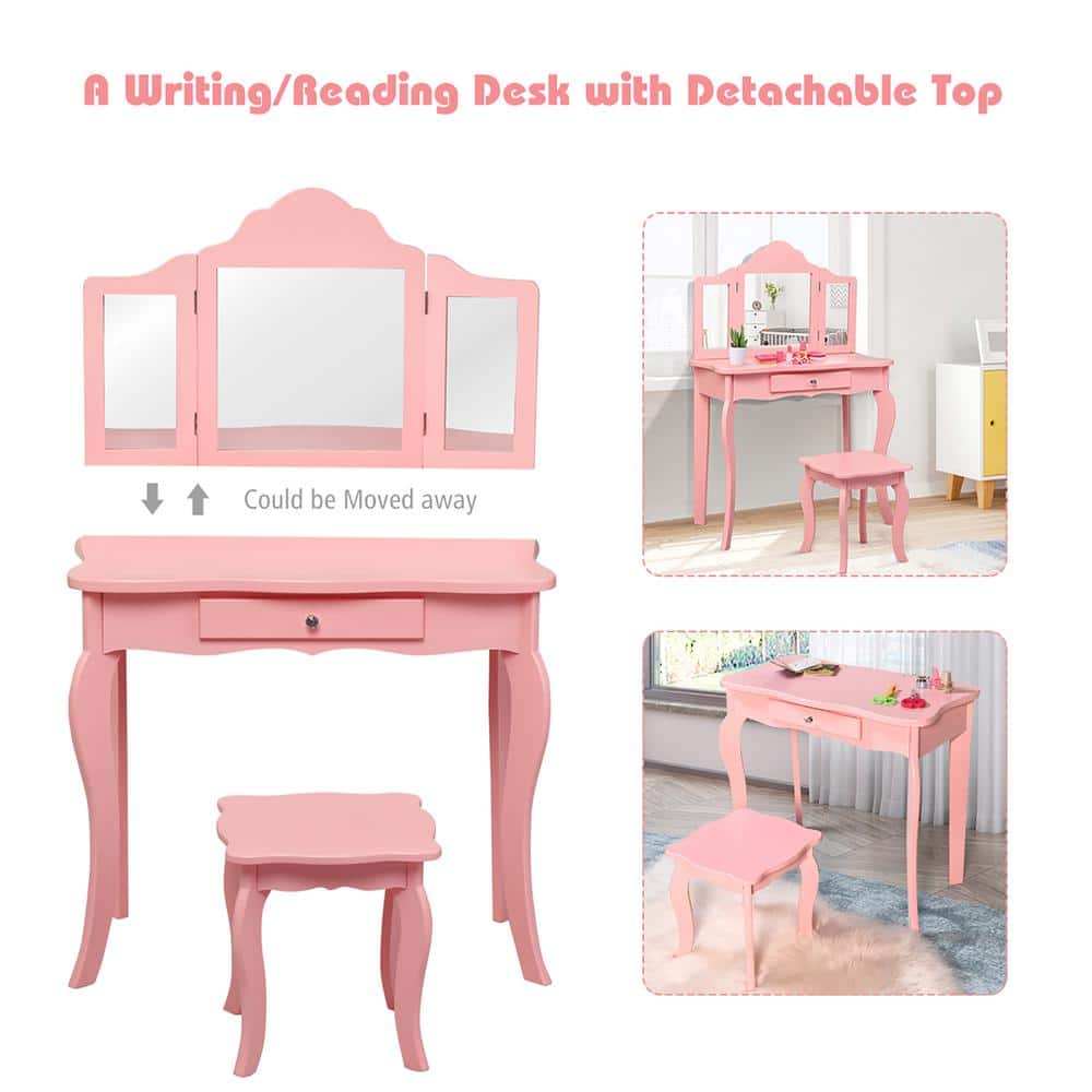 Pink MDF Kids Vanity Table and Stool Set with Tri-Folding Mirror