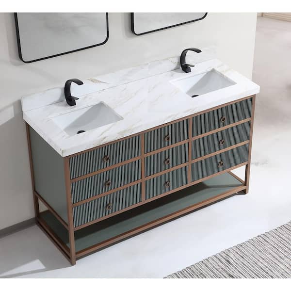WK2438-72-PG 72 in. Double Sink Sink Vanity Pewter Green Bath Vanity with 2 in. White Natural Stone Top